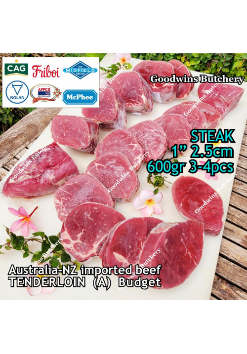 Beef Tenderloin frozen Australia (A) BUDGET steak cuts 1" 2.5cm price/pack 600gr 3-4pcs (eye fillet mignon daging sapi has dalam) brand NOLAN / McPHEE / CAG